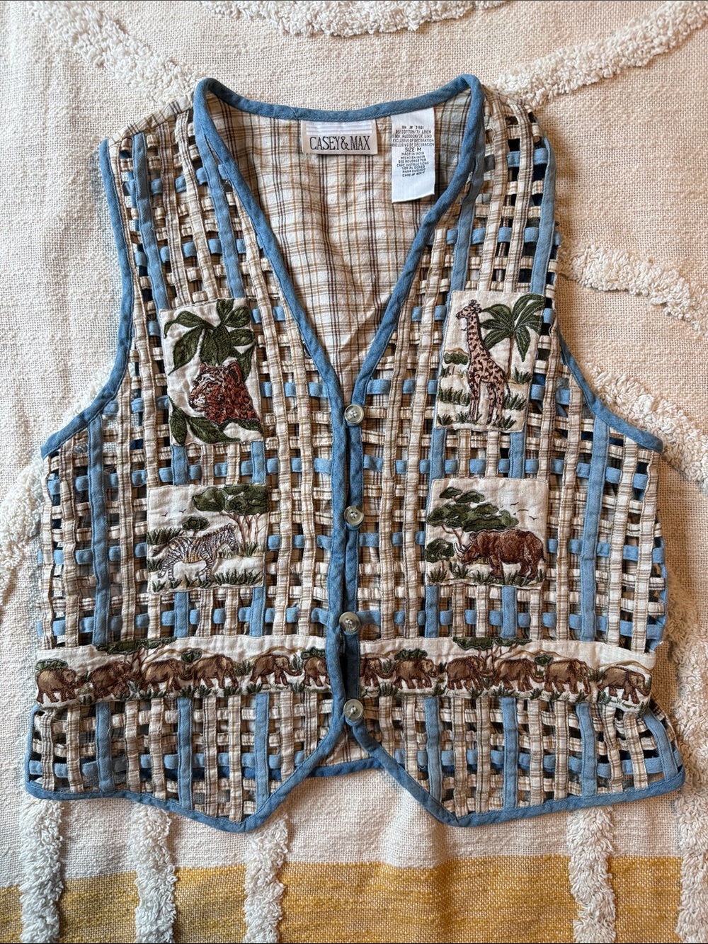 Casey & Max Whimsical Quilted Safari Animal Patchwork Vest - Blue & Beige
